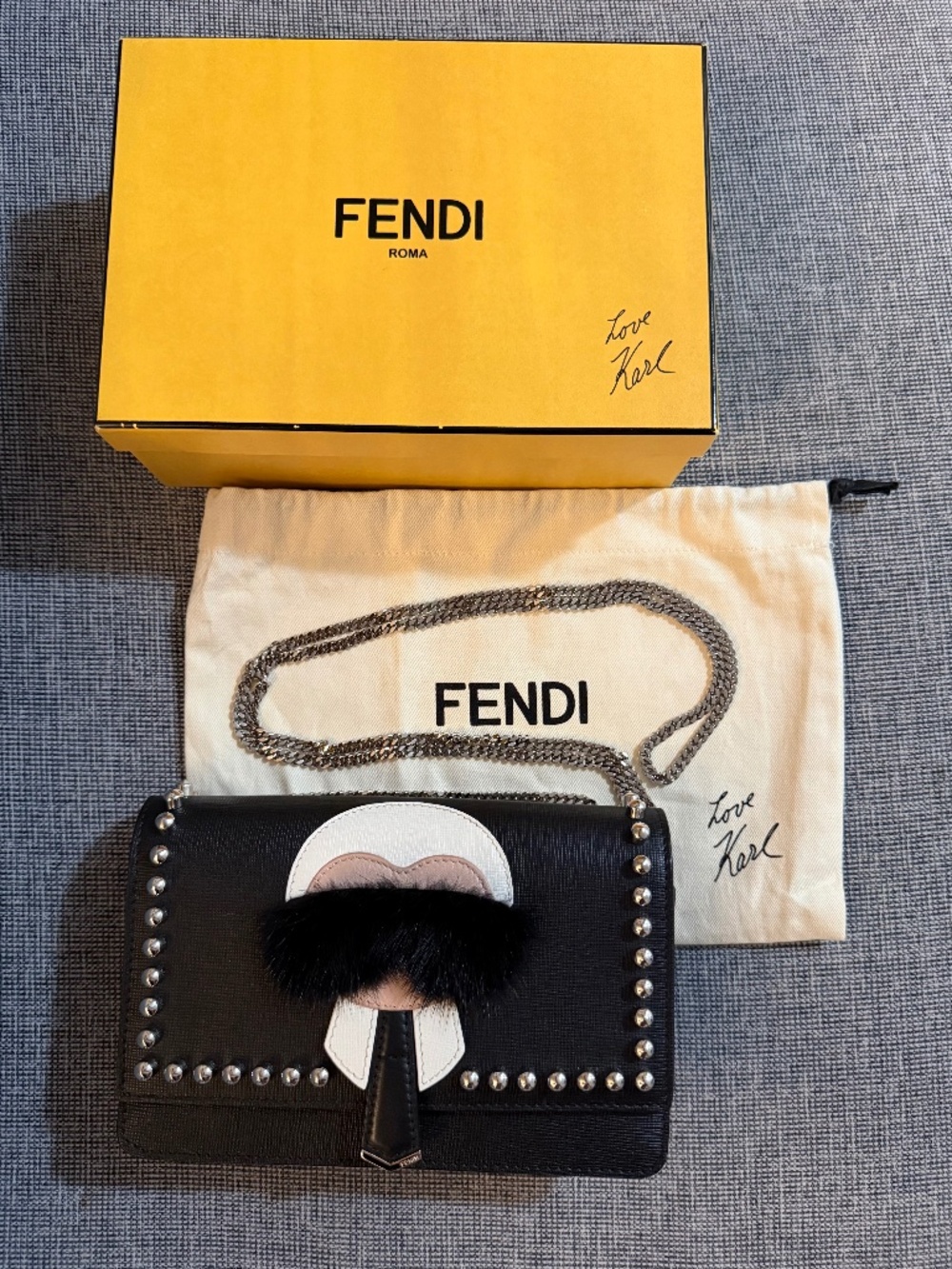 FENDI Black Vitello Elite/Saffiano & Mink Studded Karlito Wallet on Chain (WOC)